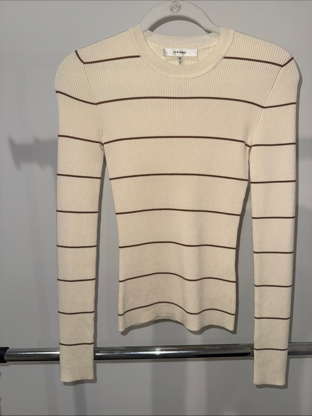 Frame Denim Cream Crewneck Sweater Long Sleeve with Brown Stripes